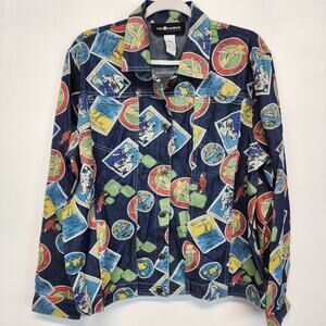 Vintage Sag Harbor Travel Theme Jacket Size L Blue Novelty Wearable Art Artsy